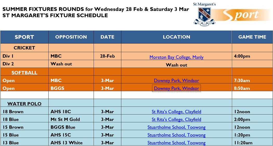 Weekly Fixture Schedule - 28 March and 3 Feb